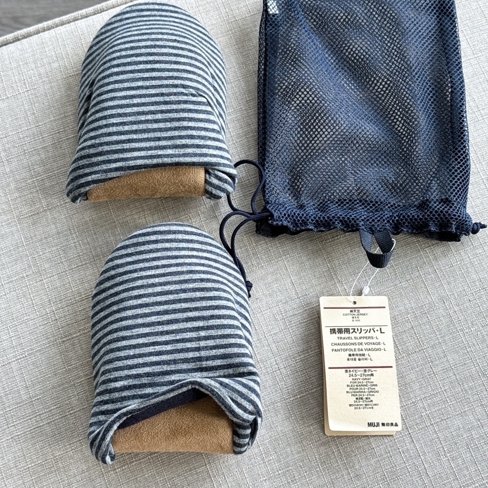 MUJI Travel Slippers, Striped Blue with Mesh Bag, Cotton Jersey, NEW